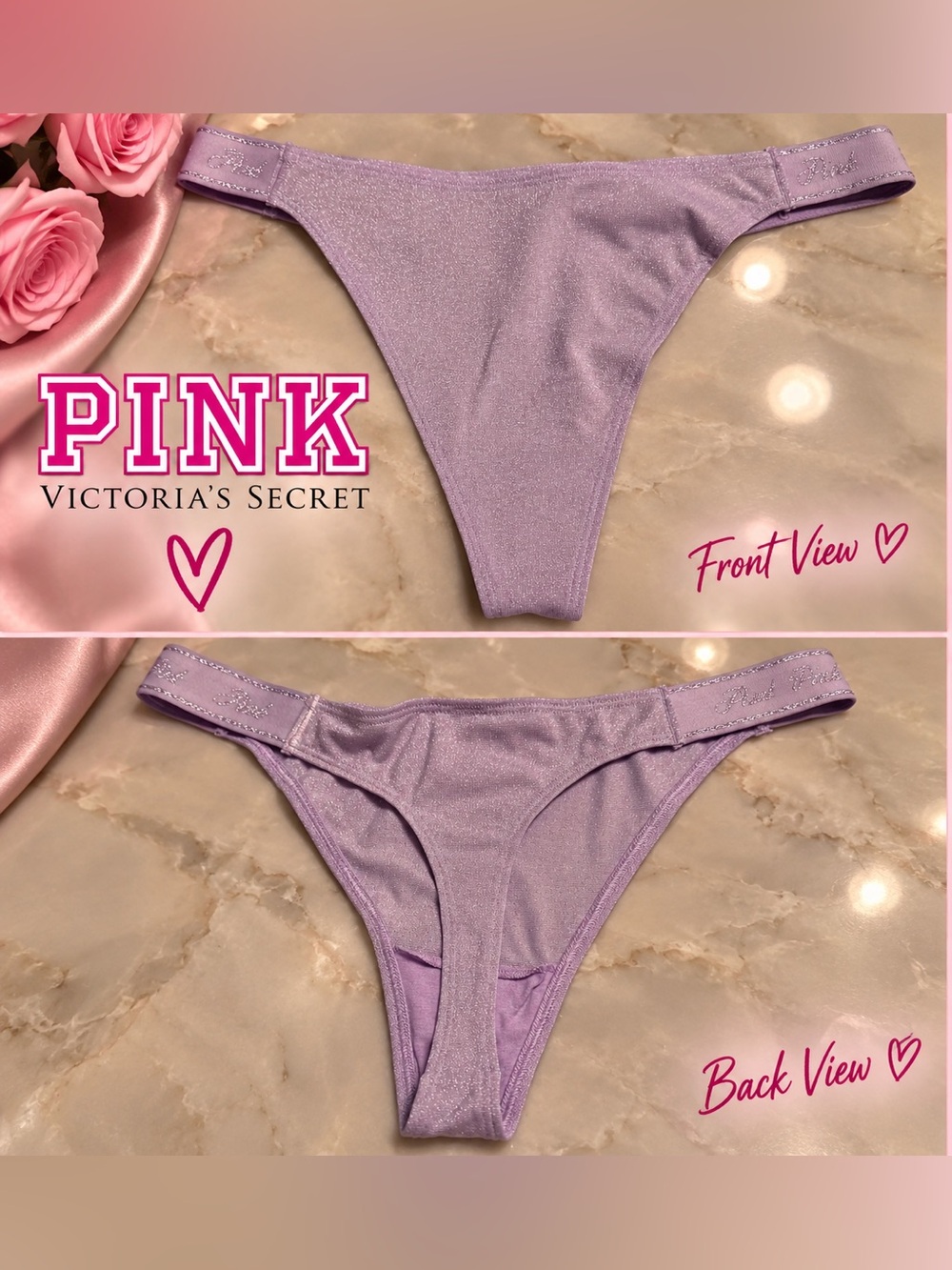 PINK Victoria's Secret Lilac Shimmer Thong PANTIES SIZE LARGE